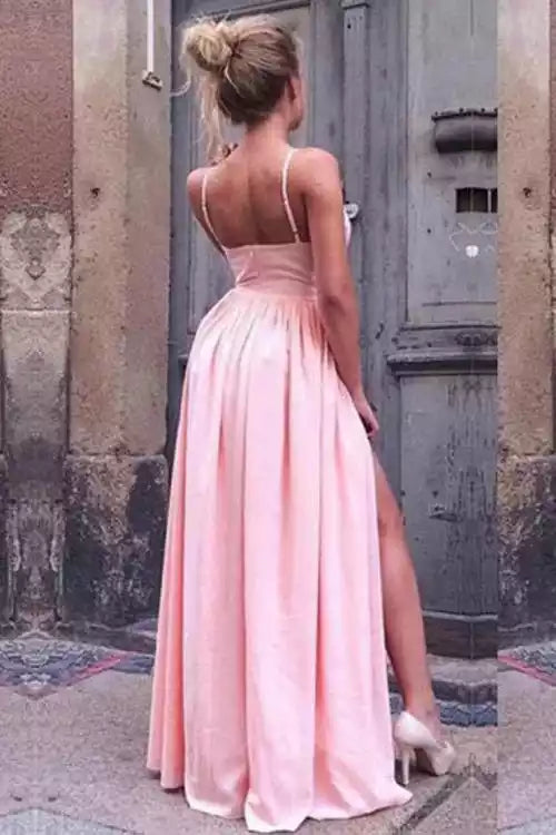 Romantic Blush Pink Satin A-Line Gown with Plunge V-Neck & Open Back