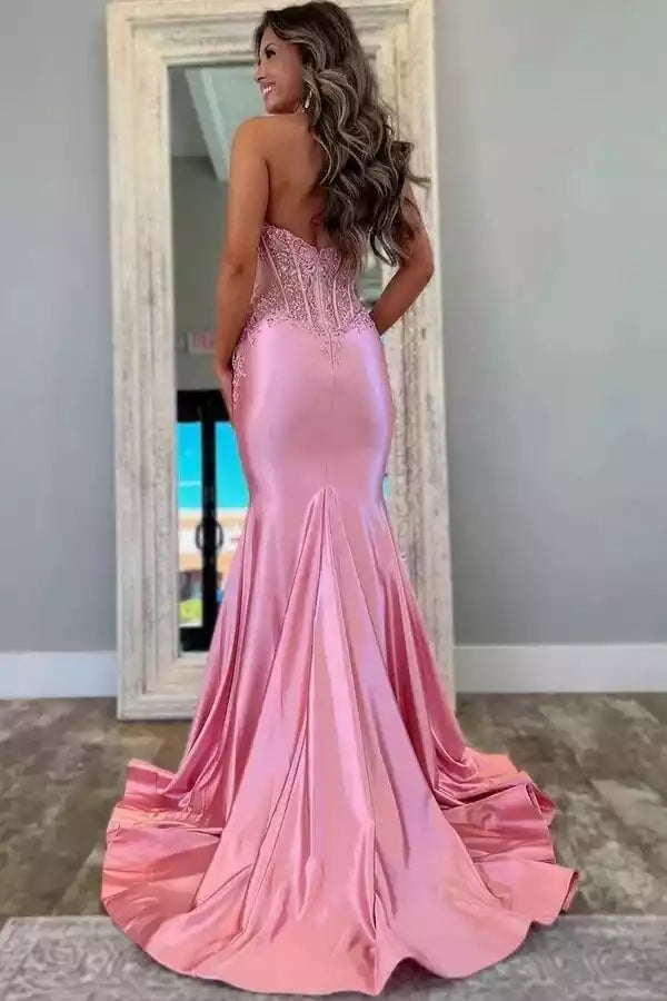Romantic Blush Pink Satin Mermaid Gown with Halter Neck & Lace Accents