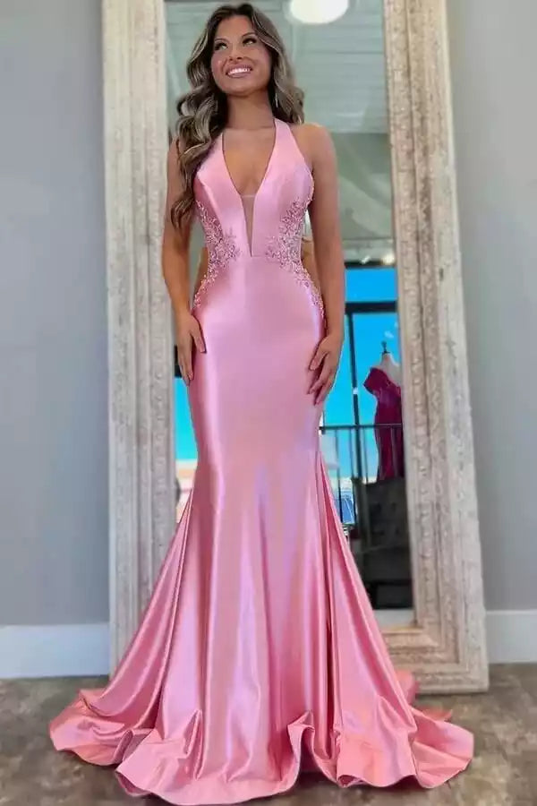 Romantic Blush Pink Satin Mermaid Gown with Halter Neck & Lace Accents