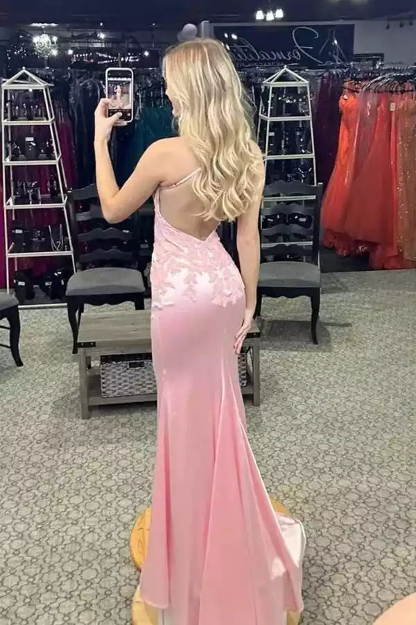 Romantic Blush Pink Satin Mermaid Gown with Lace Bodice & Open Back
