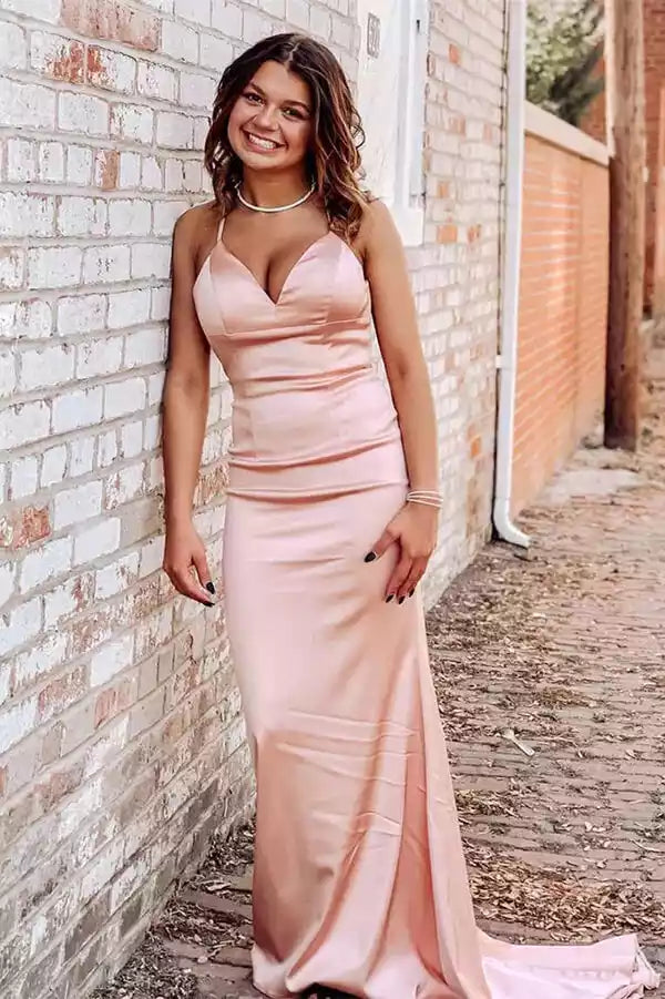 Romantic Blush Pink Satin Mermaid Gown with Plunge V-Neck & Criss-Cross Back