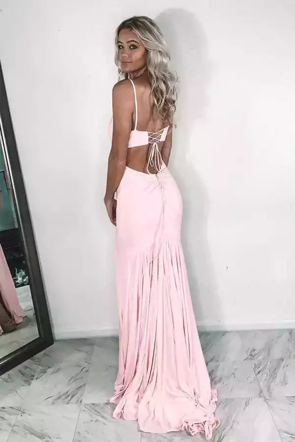 Romantic Blush Pink Stretch Satin Mermaid Gown with Plunge V-Neck & Lace-Up Back