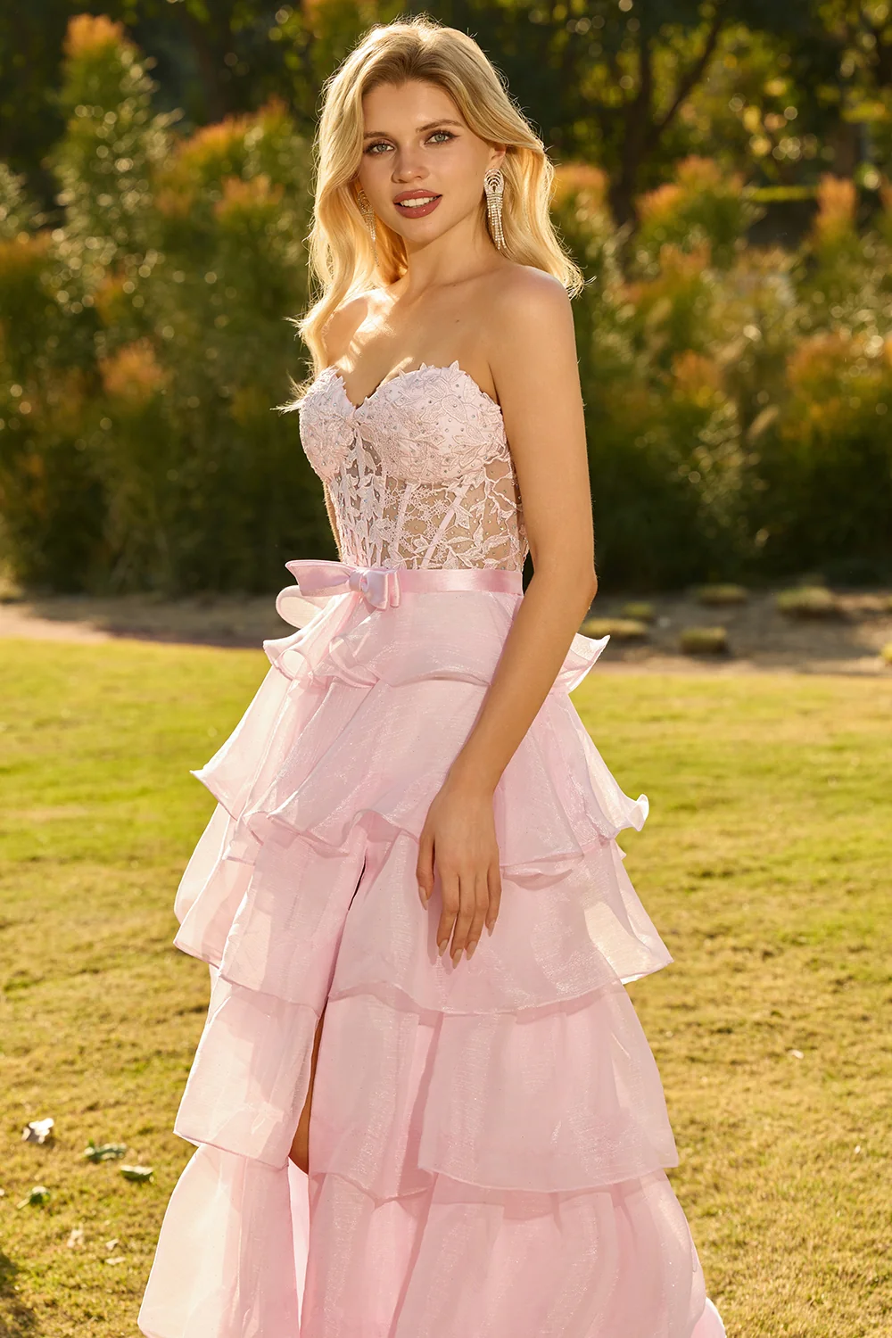 Romantic Blush Pink Tiered Evening Dress with Lace Corset and Bow Belt
