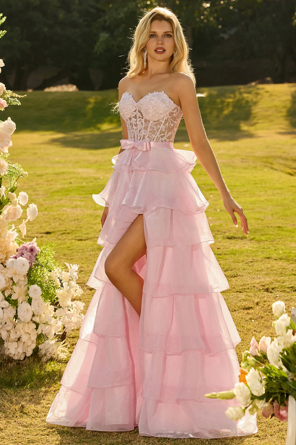 Romantic Blush Pink Tiered Evening Dress with Lace Corset and Bow Belt