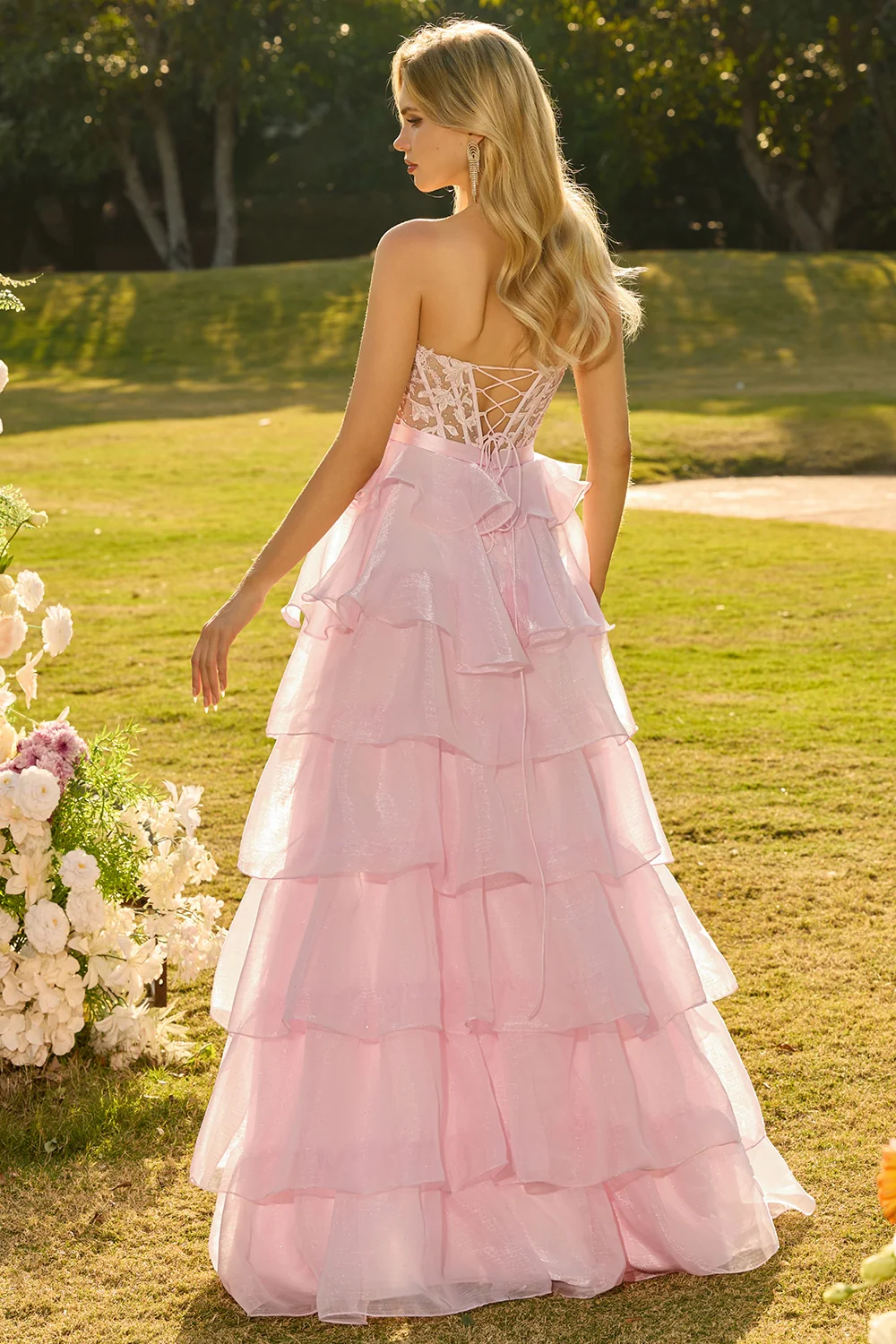 Romantic Blush Pink Tiered Evening Dress with Lace Corset and Bow Belt