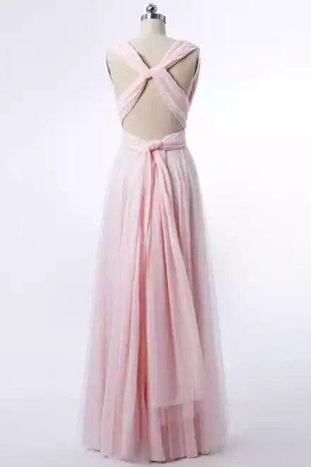 Romantic Blush Pink Tulle Convertible A-Line Gown with V-Neck & Cross-Back