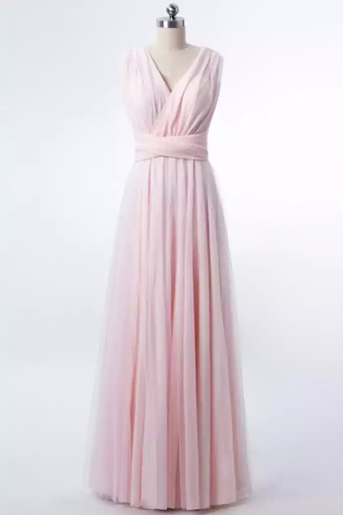 Romantic Blush Pink Tulle Convertible A-Line Gown with V-Neck & Cross-Back