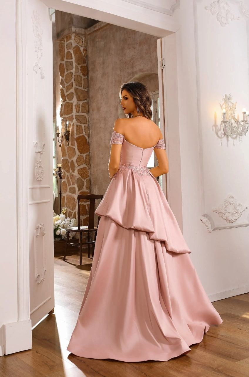 Romantic Blush Satin A-line Off-the-shoulder Sweetheart Lace Applique Tiered Floor-length Mother of the Bride Dresses