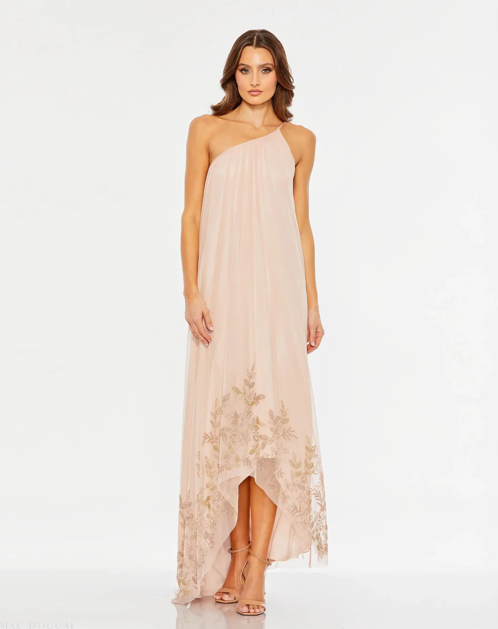 Romantic Blush Tulle Gown One-Shoulder Sleeveless Zipper Back High-Low Hem Embellished Evening Dresses