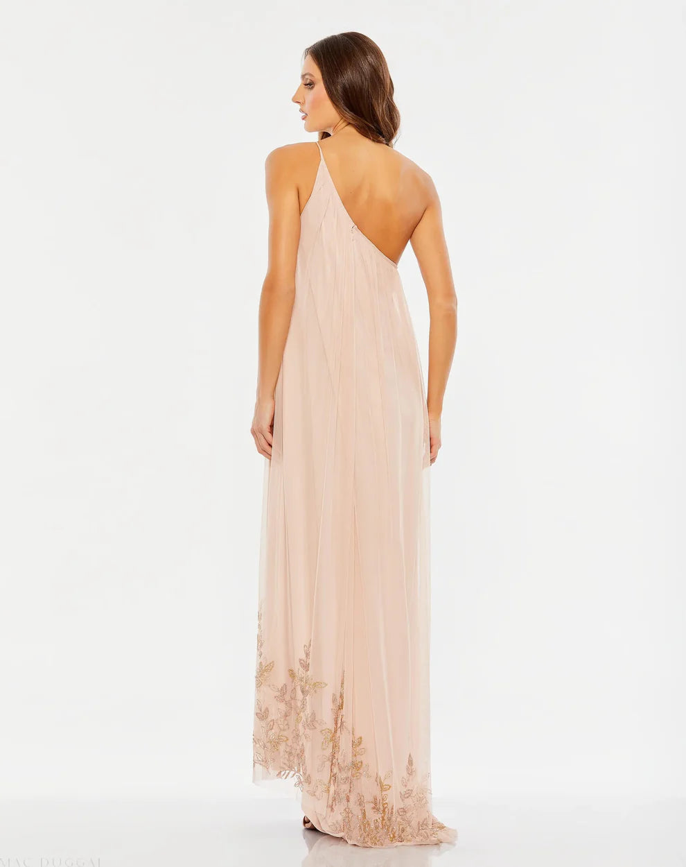 Romantic Blush Tulle Gown One-Shoulder Sleeveless Zipper Back High-Low Hem Embellished Evening Dresses