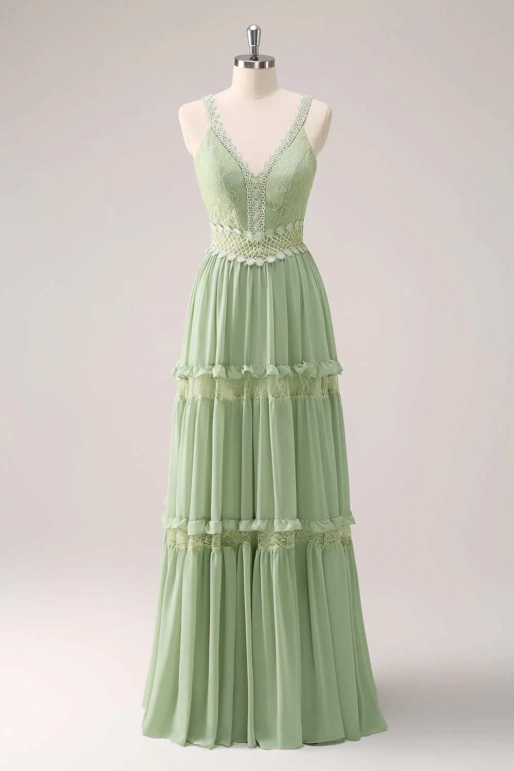 Romantic Boho Fitted A-Line Spaghetti Strap Sleeveless Back Zipper Floor-Length Lace Ruffled Evening Dresses
