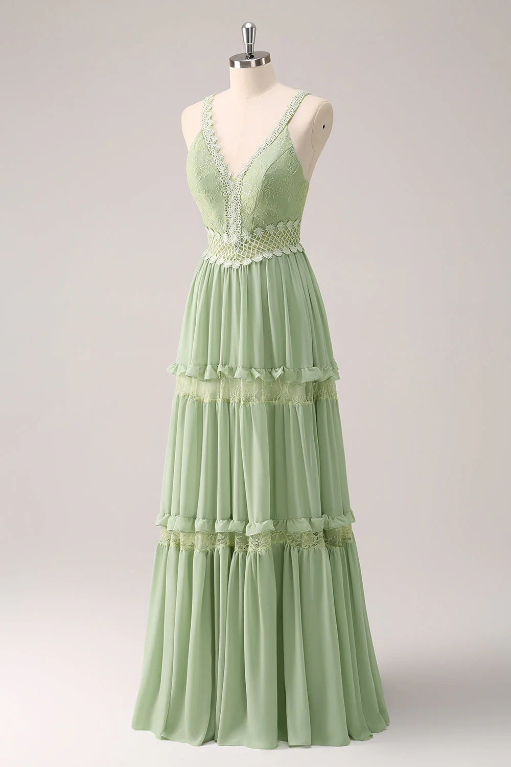 Romantic Boho Fitted A-Line Spaghetti Strap Sleeveless Back Zipper Floor-Length Lace Ruffled Evening Dresses