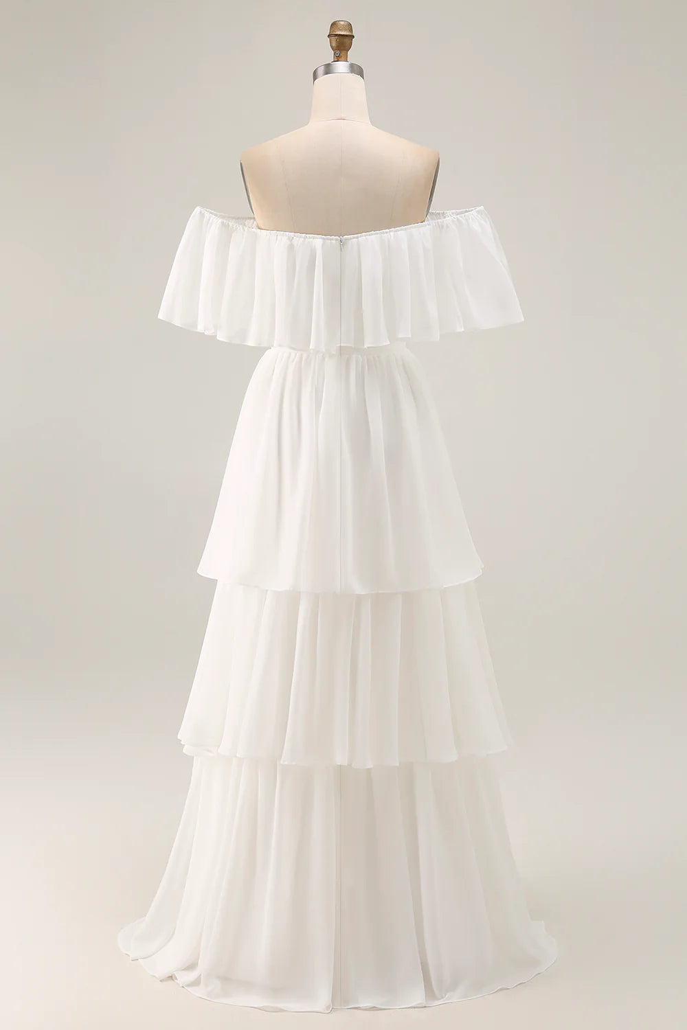 Romantic Boho Flowy A-Line Off-the-Shoulder Sweetheart Neck Ruffled Short Sleeve Tiered Ruffle High-Low Chiffon Evening Dress
