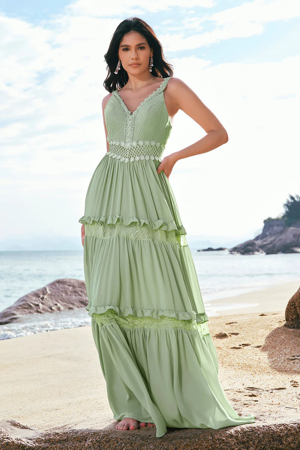 Romantic Boho Flowy A-Line V Neck Spaghetti Strap Open Back Lace Bodice Crochet Waist Tiered Ruffle Floor-Length Chiffon Evening Dress