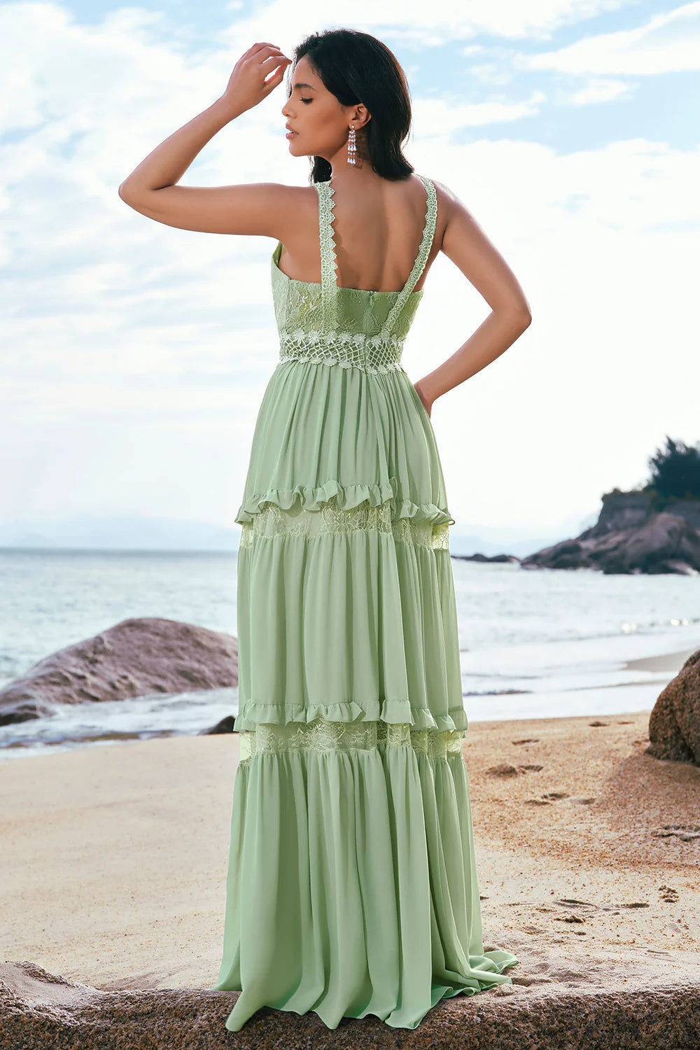 Romantic Boho Flowy A-Line V Neck Spaghetti Strap Open Back Lace Bodice Crochet Waist Tiered Ruffle Floor-Length Chiffon Evening Dress