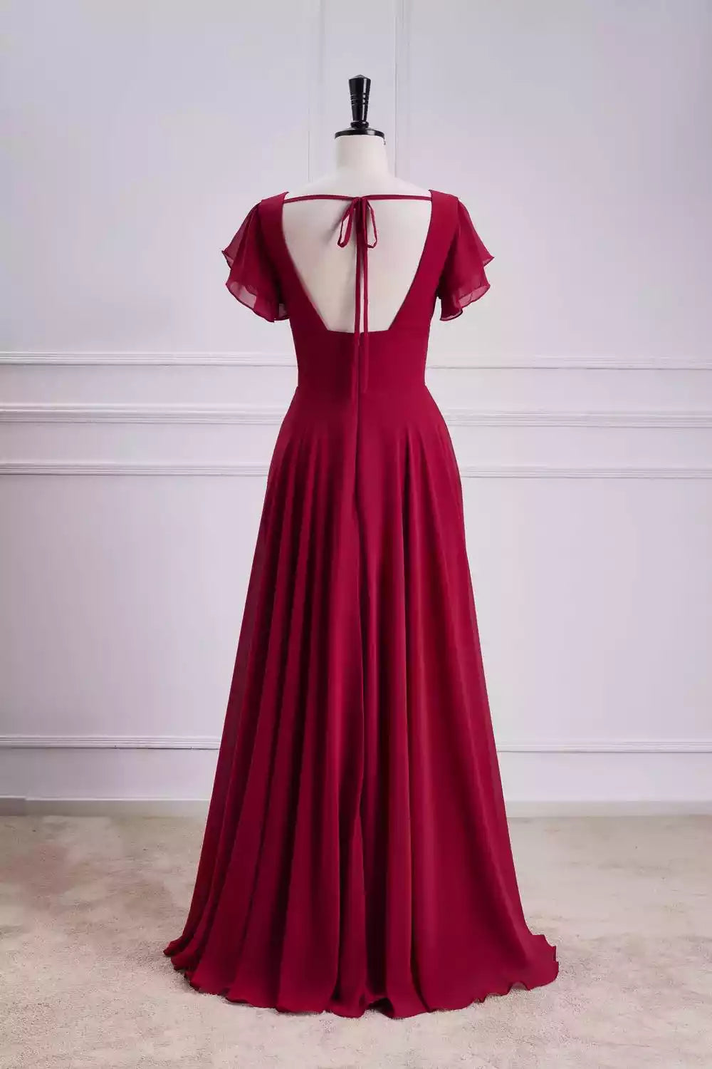 Romantic Burgundy Chiffon A-Line Gown with Flutter Sleeves & V-Back