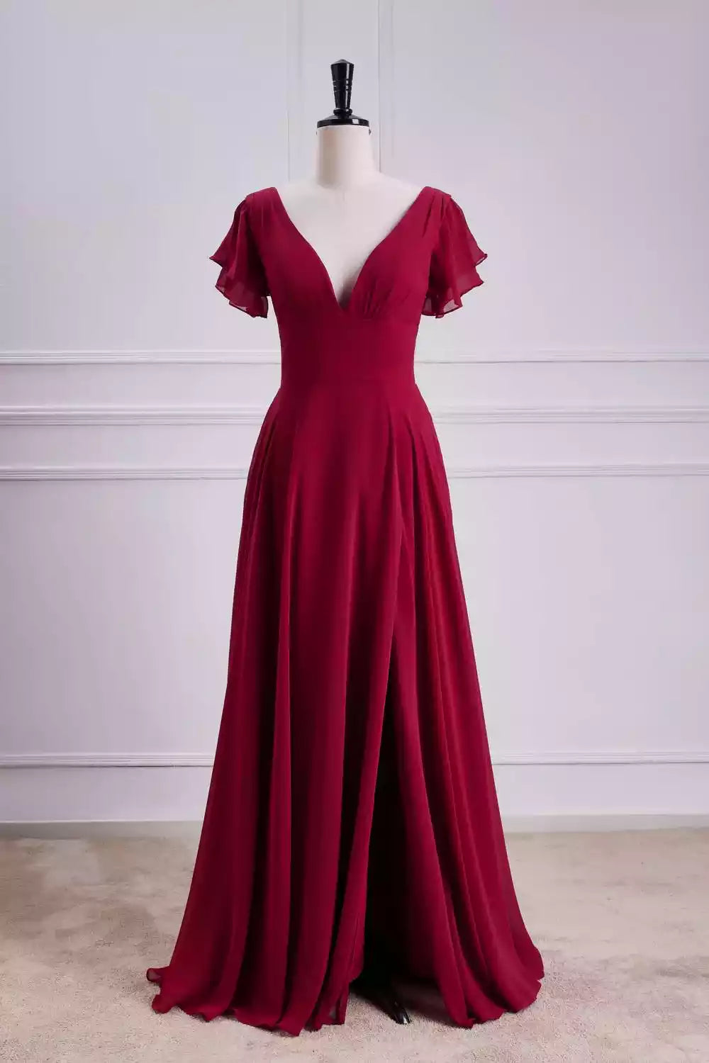 Romantic Burgundy Chiffon A-Line Gown with Flutter Sleeves & V-Back