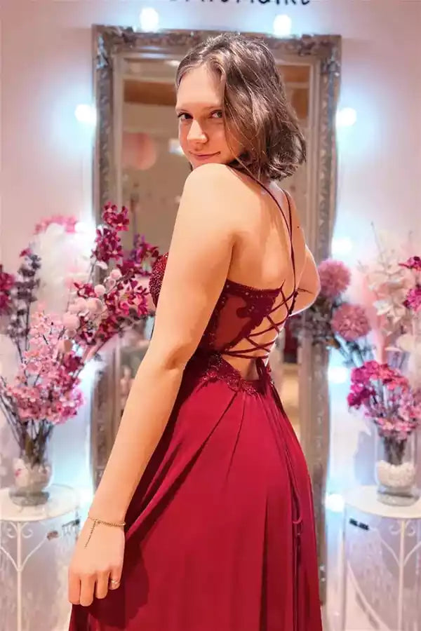Romantic Burgundy Chiffon A-Line Gown with Lace Bodice & Lace-Up Back