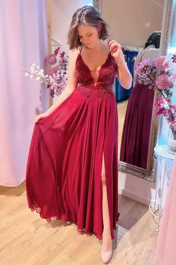 Romantic Burgundy Chiffon A-Line Gown with Lace Bodice & Lace-Up Back