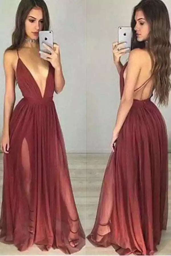 Romantic Burgundy Chiffon A-Line Gown with Plunge V-Neck & Open Back