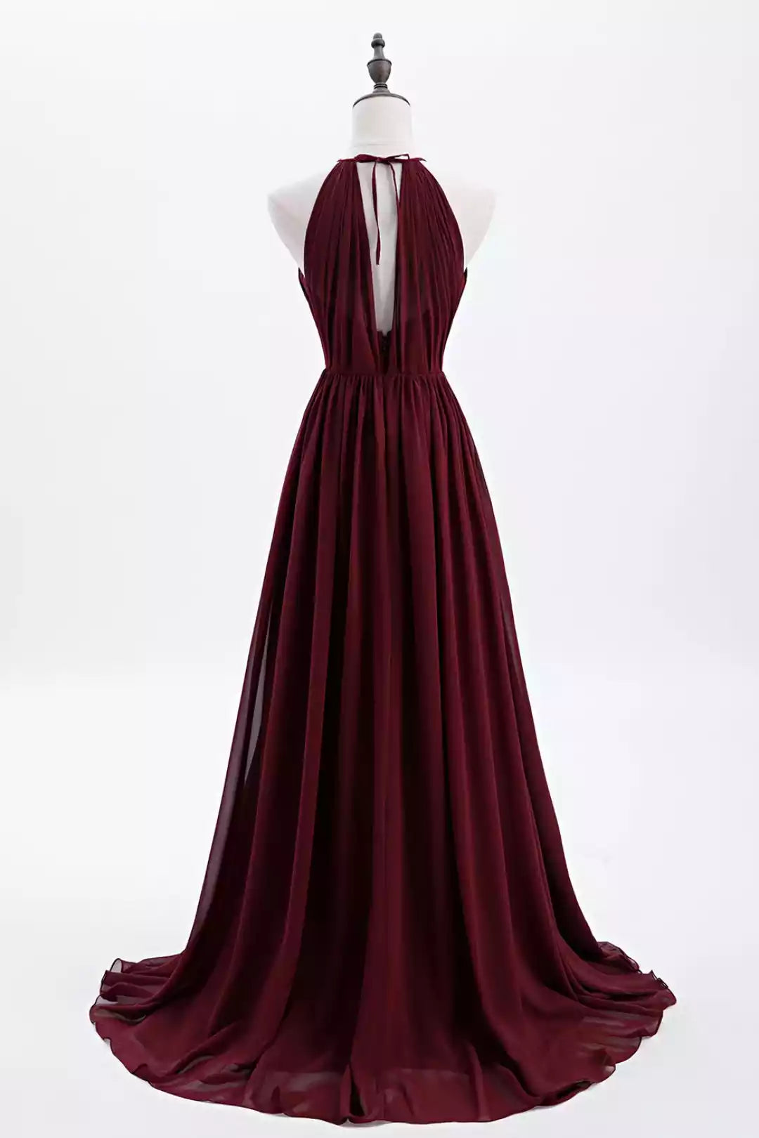Romantic Burgundy Chiffon Halter A-Line Gown with Ruched Bodice & Open Back