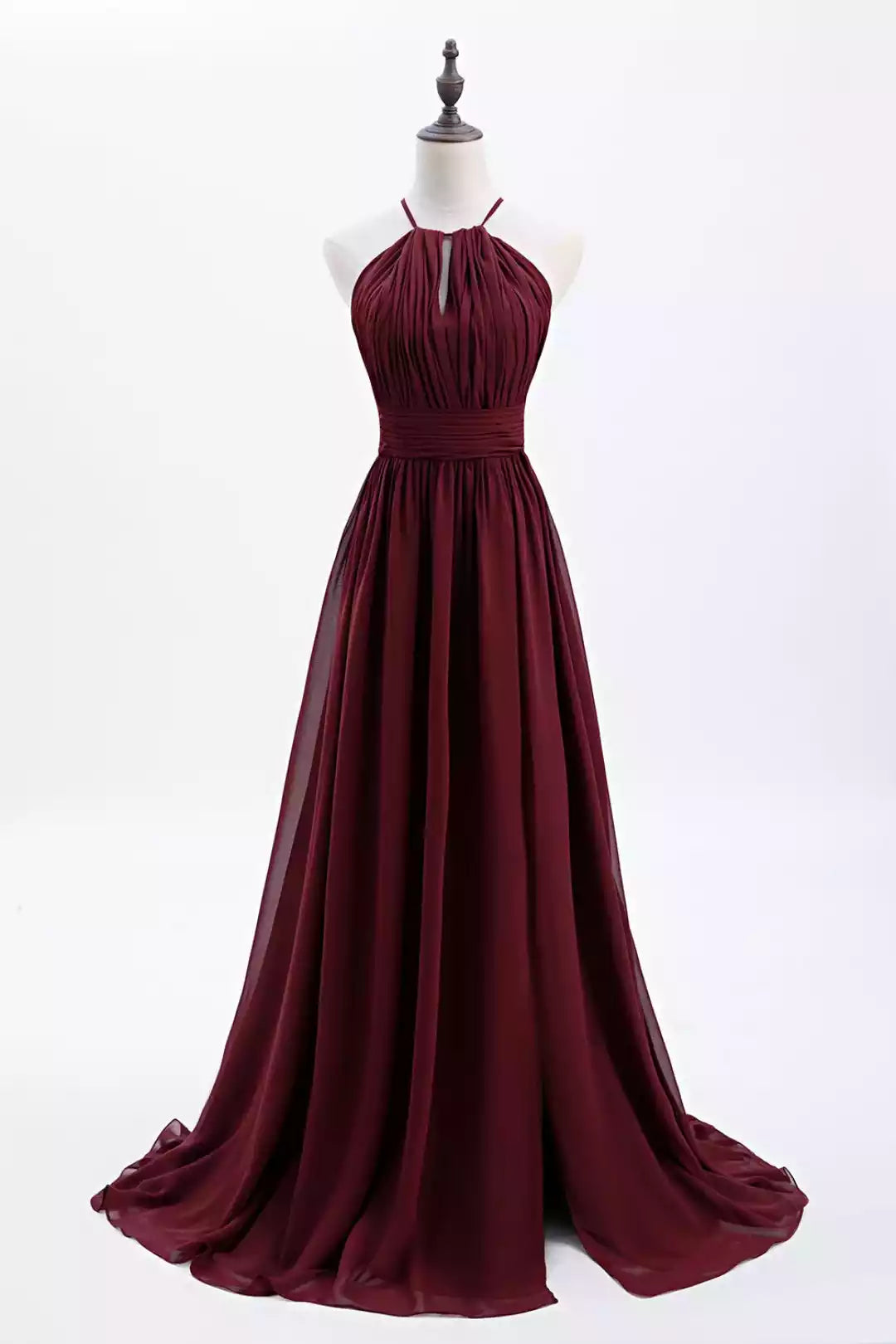 Romantic Burgundy Chiffon Halter A-Line Gown with Ruched Bodice & Open Back