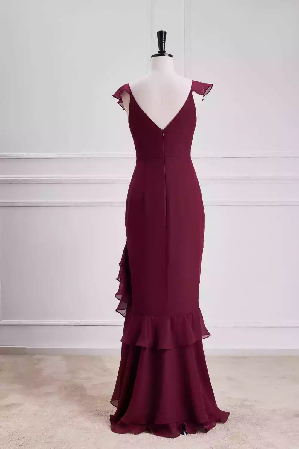 Romantic Burgundy Chiffon Mermaid Gown with Ruffle Detail & V-Back
