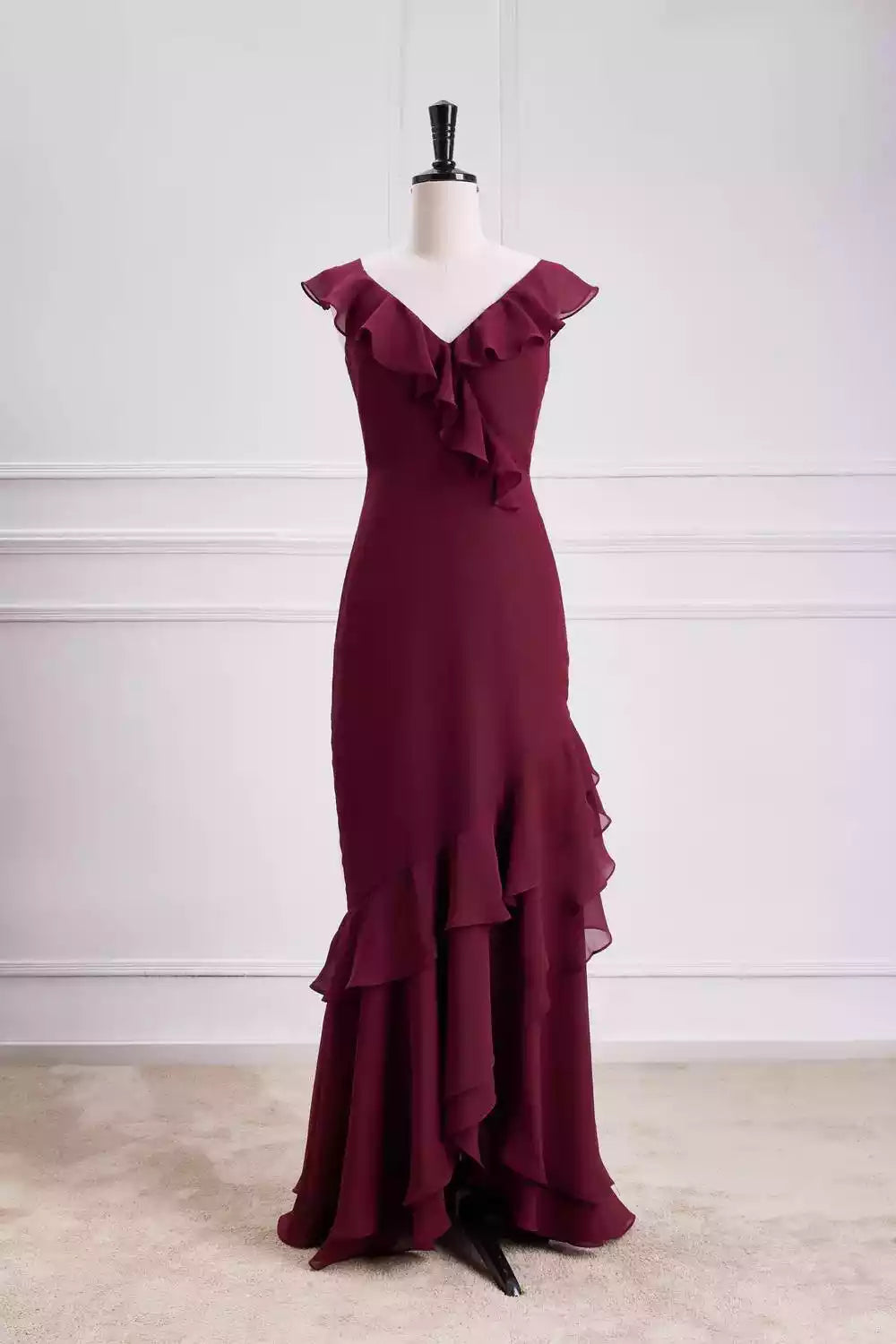 Romantic Burgundy Chiffon Mermaid Gown with Ruffle Detail & V-Back