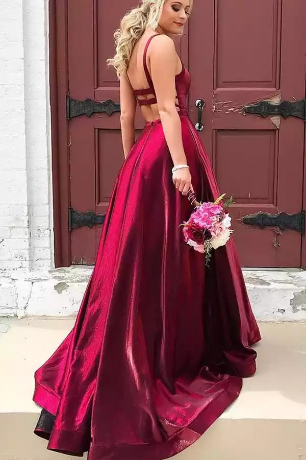 Romantic Burgundy Metallic Ball Gown with Criss-Cross Back & Cathedral Train