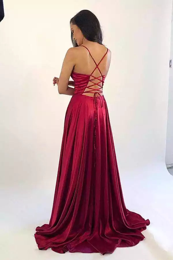 Romantic Burgundy Satin A-Line Gown with Plunge V-Neck & Lace-Up Back