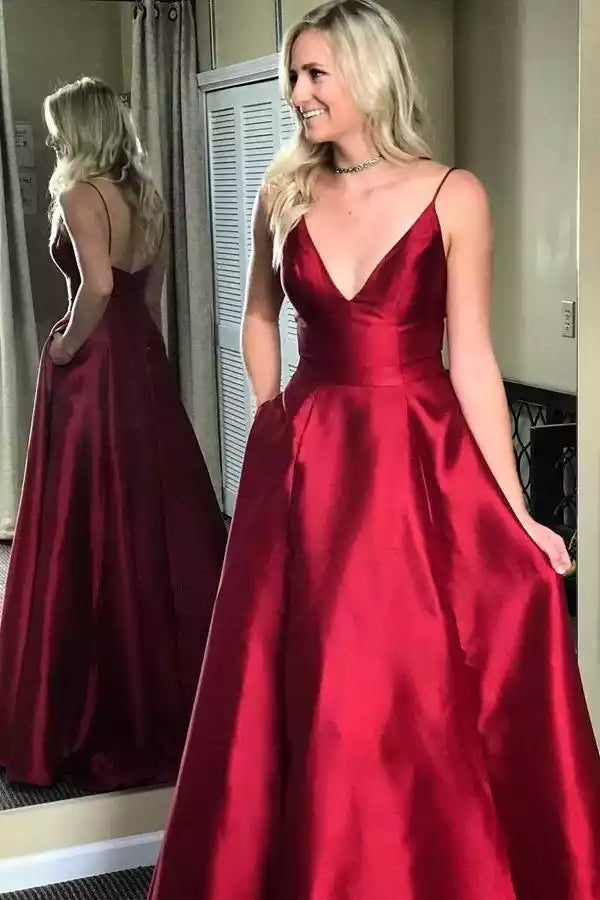 Romantic Burgundy Satin A-Line Gown with Plunge V-Neck & Open Back