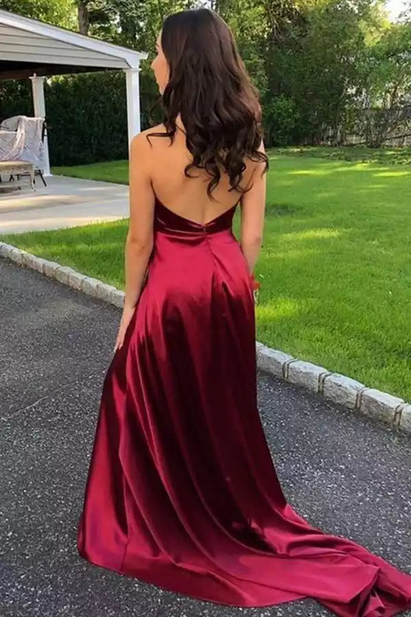 Romantic Burgundy Satin Halter Gown with Plunge V-Neck & Open Back