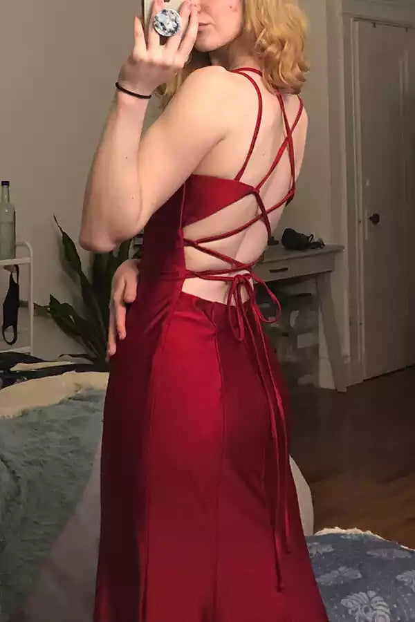 Romantic Burgundy Satin Mermaid Gown with Plunge V-Neck & Lace-Up Back