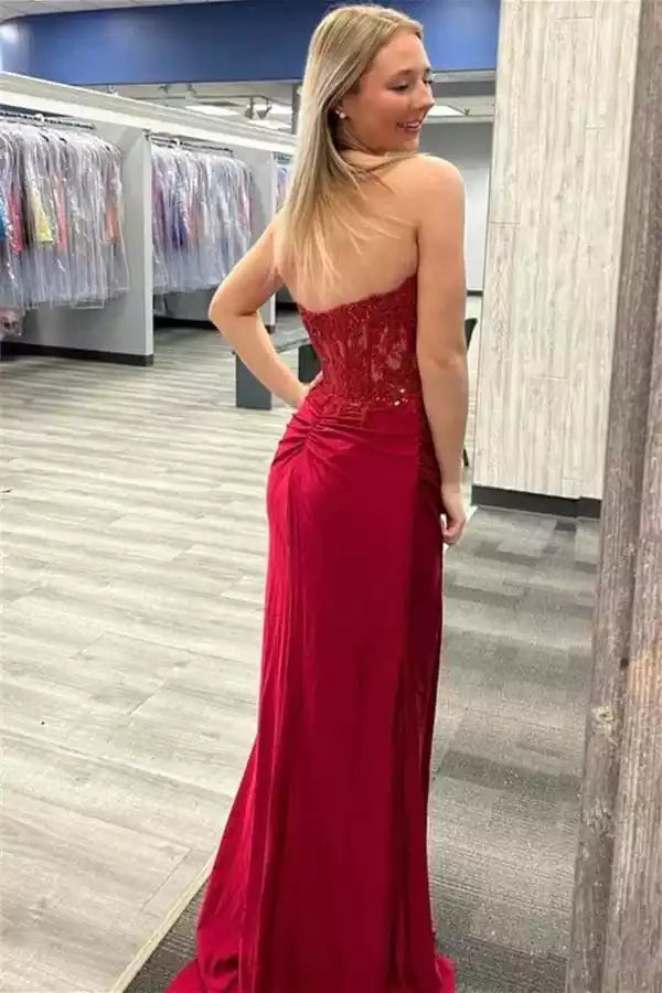 Romantic Burgundy Satin Mermaid Gown with Strapless Lace Bodice & High Slit