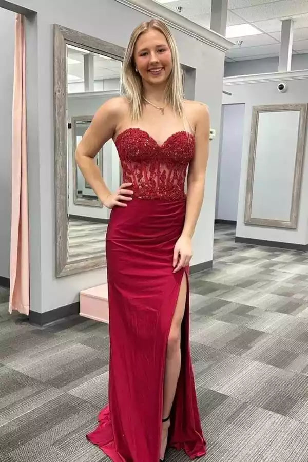 Romantic Burgundy Satin Mermaid Gown with Strapless Lace Bodice & High Slit