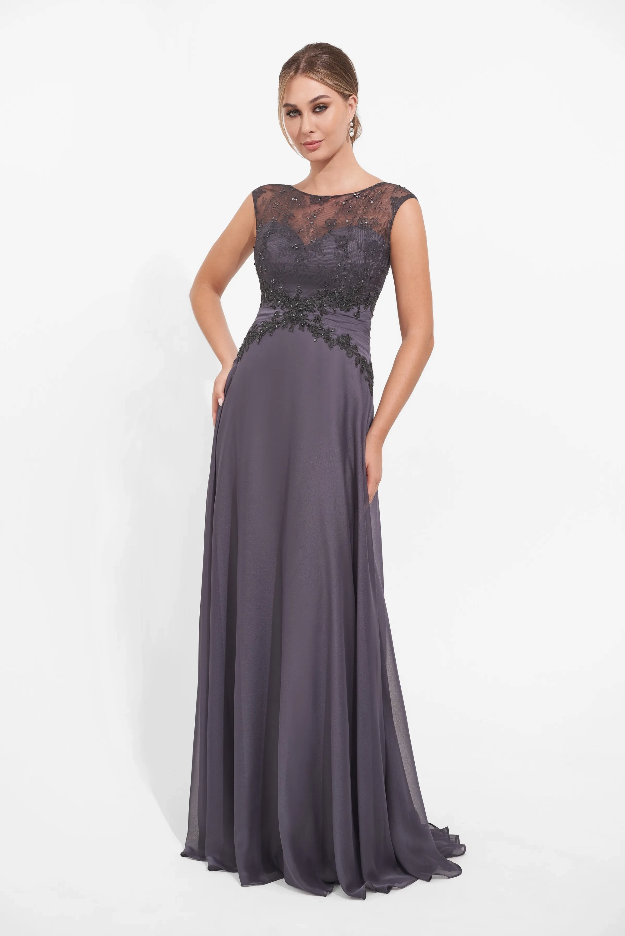Romantic Chiffon A-Line Illusion Lace Beaded Bodice Floor-Length Mother of the Bride Dresses