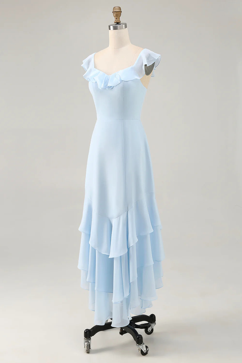 Romantic Chiffon A-Line Sweetheart Neck Ruffled Sleeve Lace-Up Back High-Low Evening Dress