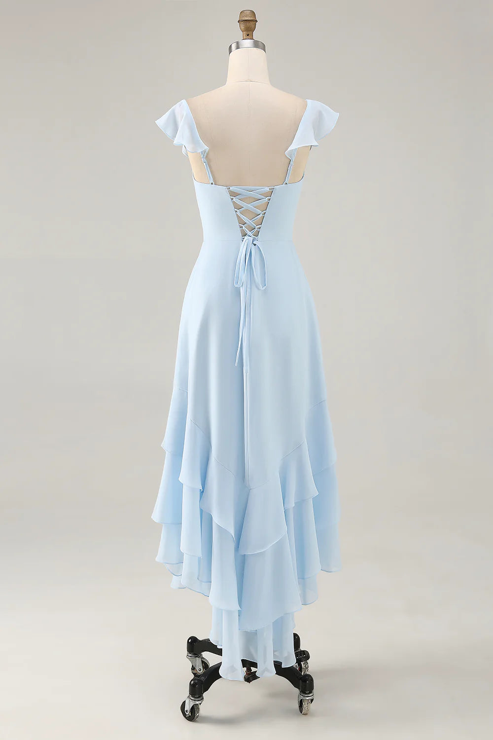 Romantic Chiffon A-Line Sweetheart Neck Ruffled Sleeve Lace-Up Back High-Low Evening Dress