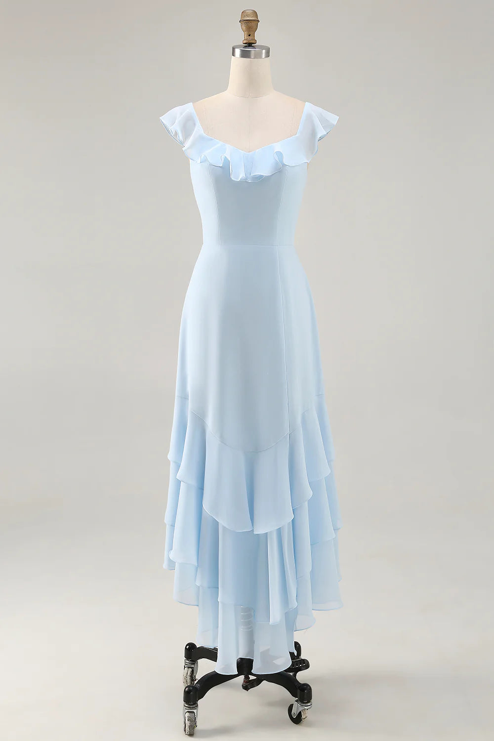 Romantic Chiffon A-Line Sweetheart Neck Ruffled Sleeve Lace-Up Back High-Low Evening Dress