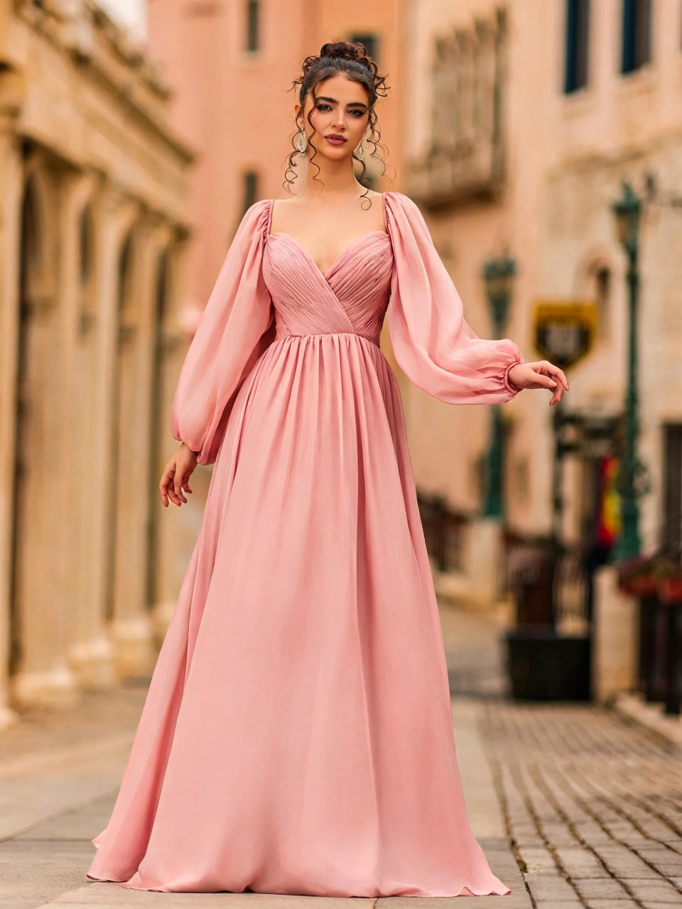 Romantic Chiffon A-Line Sweetheart Puffed-Sleeve Floor Length Evening Dress