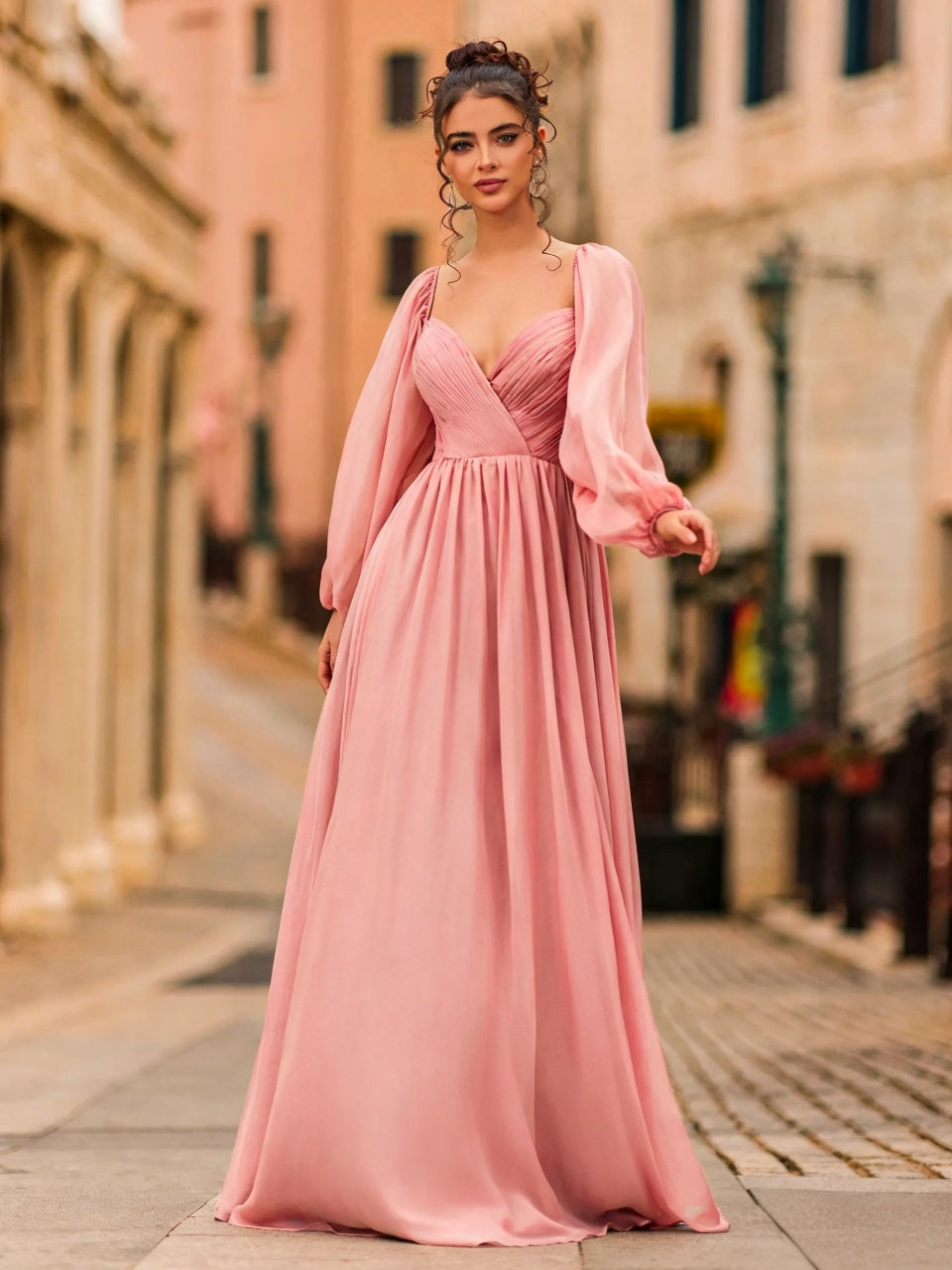 Romantic Chiffon A-Line Sweetheart Puffed-Sleeve Floor Length Evening Dress