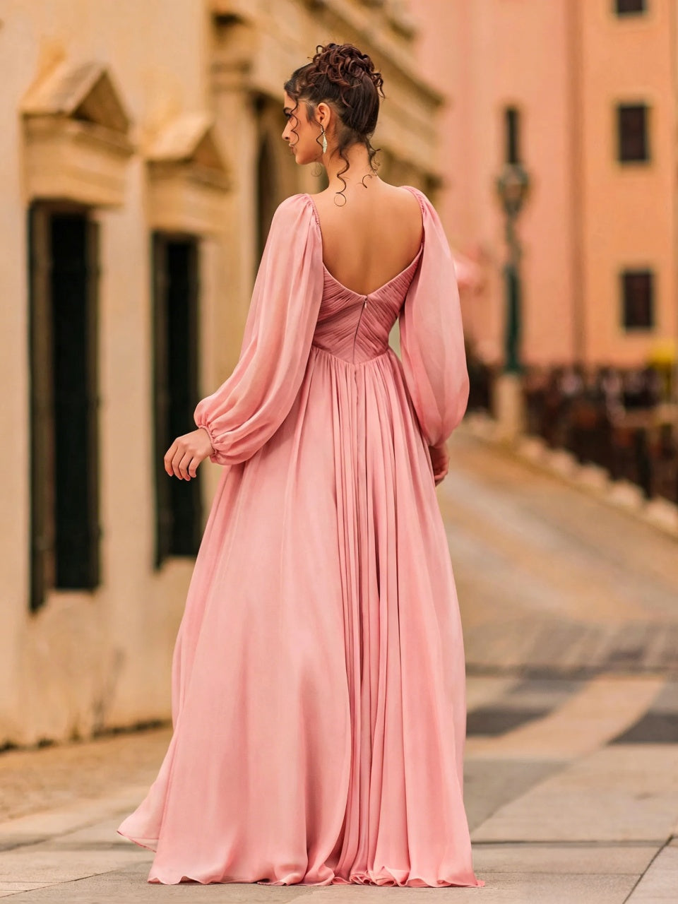 Romantic Chiffon A-Line Sweetheart Puffed-Sleeve Floor Length Evening Dress