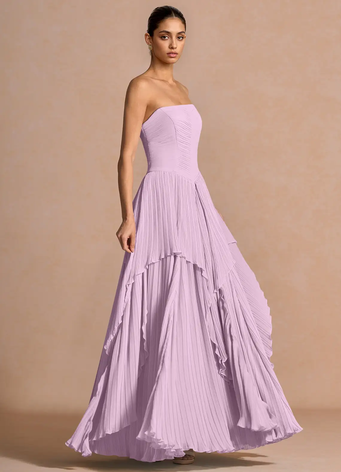 Romantic Convertible Strapless Spaghetti Strap Pleated Bodice Ruffled Tiered Floor-Length Evening Dress