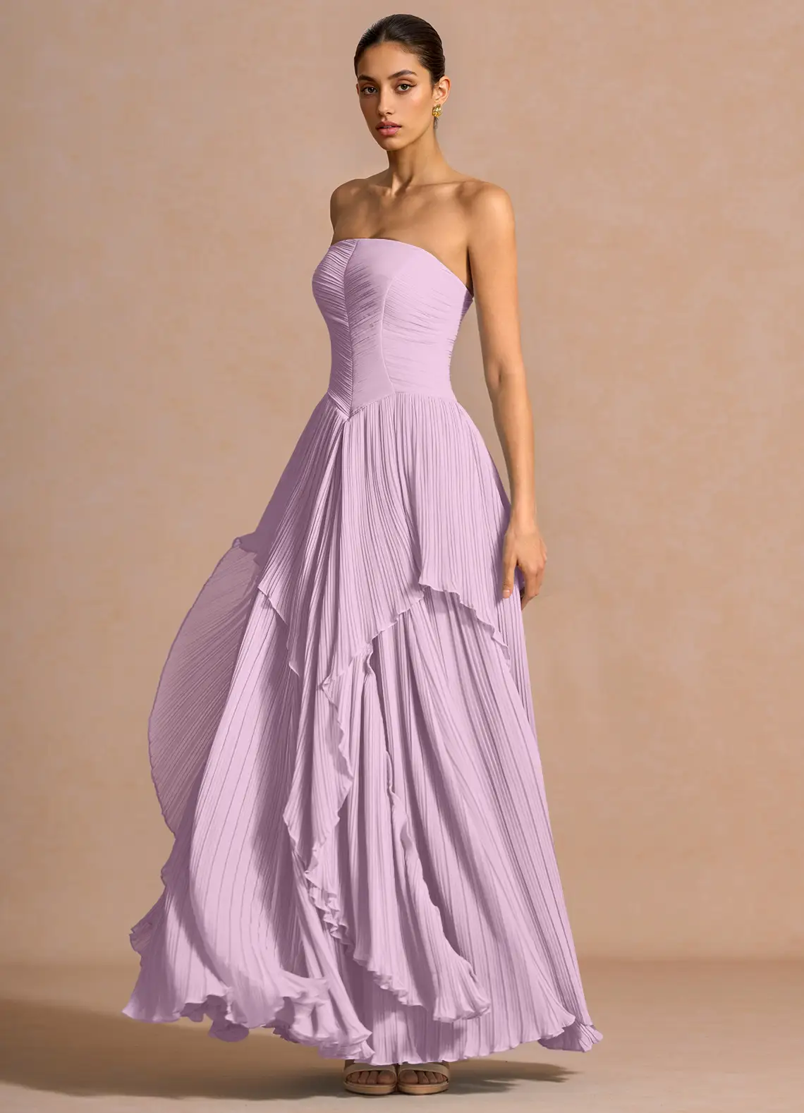 Romantic Convertible Strapless Spaghetti Strap Pleated Bodice Ruffled Tiered Floor-Length Evening Dress