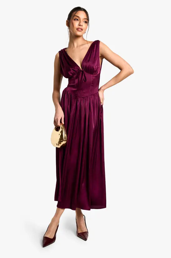 Romantic Corset V-Neck Tie-Front Sleeveless Midi Evening Dresses