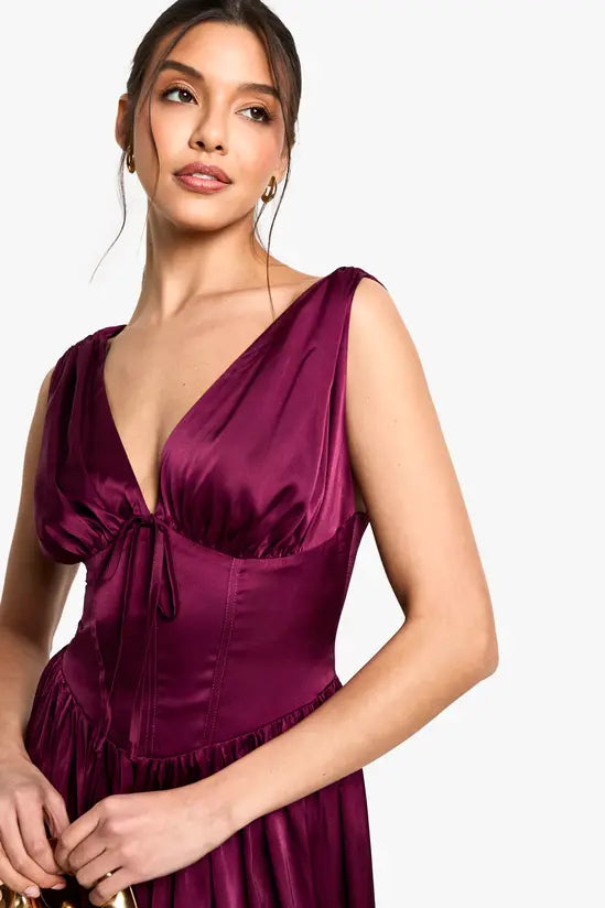 Romantic Corset V-Neck Tie-Front Sleeveless Midi Evening Dresses