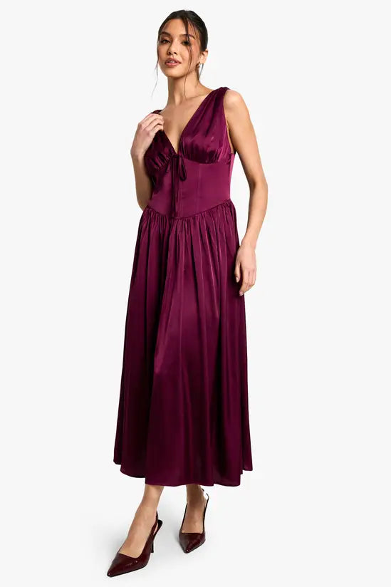 Romantic Corset V-Neck Tie-Front Sleeveless Midi Evening Dresses