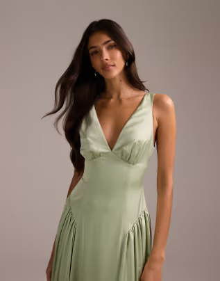 Romantic Deep V-Neck Ruched-Waist Flowy Midi Satin Bridesmaid Dress
