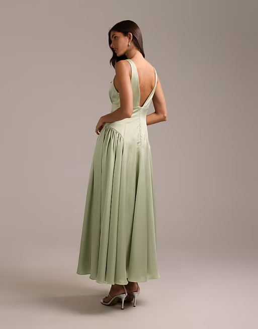 Romantic Deep V-Neck Ruched-Waist Flowy Midi Satin Bridesmaid Dress