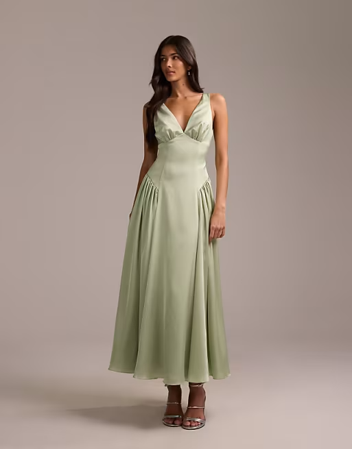 Romantic Deep V-Neck Ruched-Waist Flowy Midi Satin Bridesmaid Dress